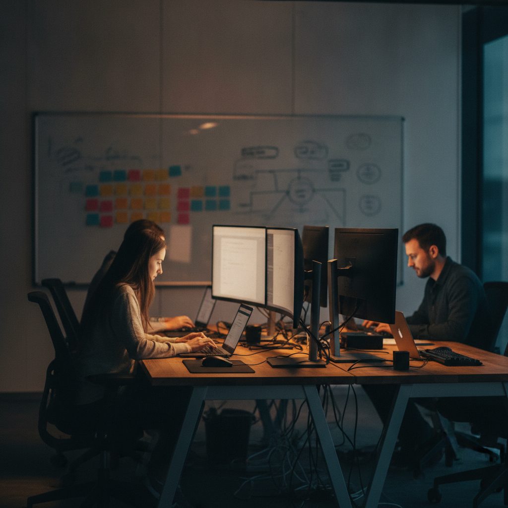 A developer&rsquo;s desk at night, monitors glowing out of focus above a lit keyboard